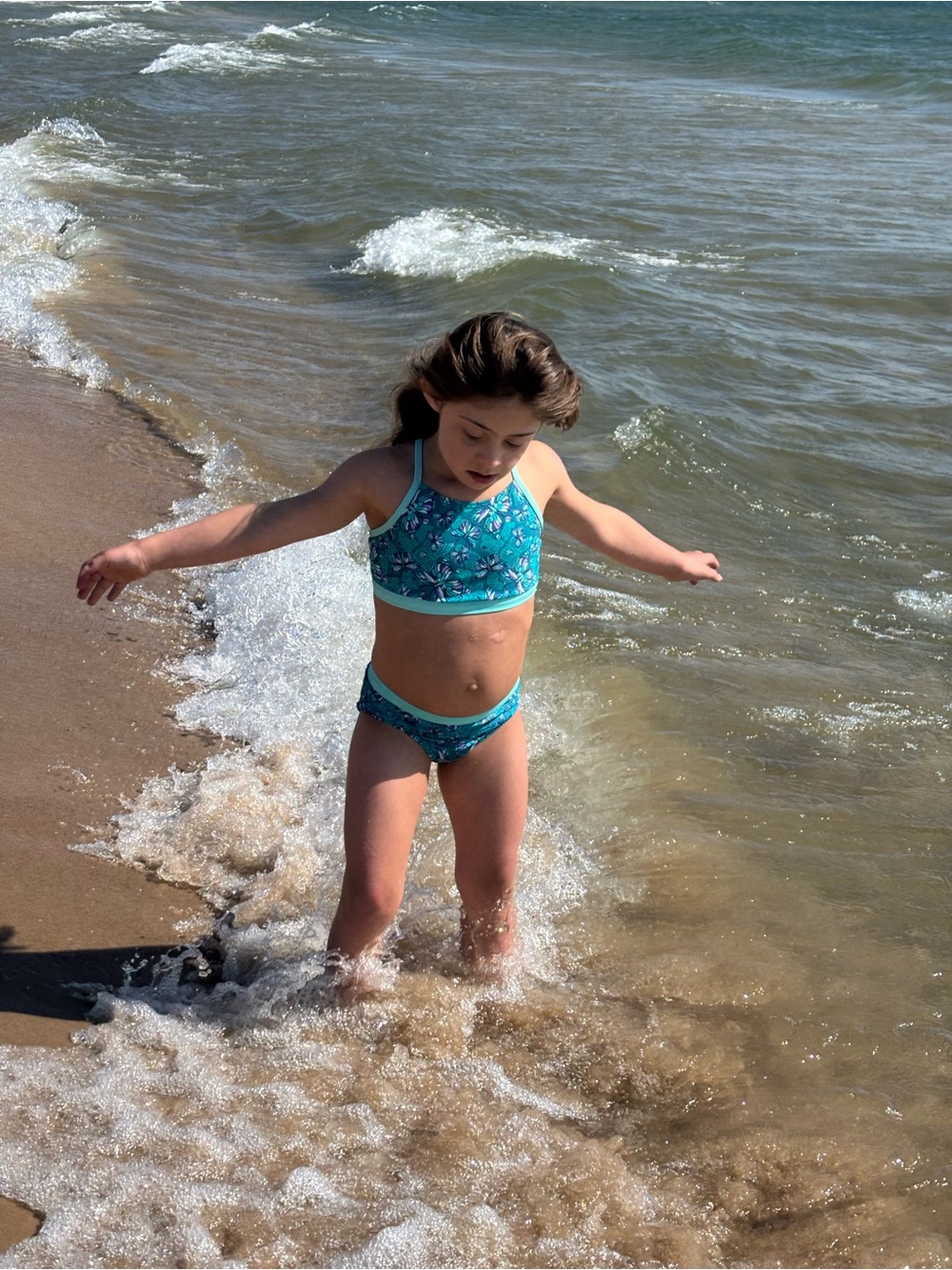 L.L. Bean Turquoise Floral Girls' Two-Piece Reversible Swim Set - Picture 6 of 7